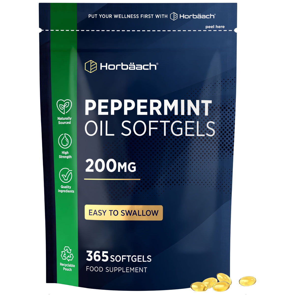 Horbäach Peppermint Oil Softgels 200mg, 365 softgels in a dark blue recyclable pouch with scattered golden softgels.