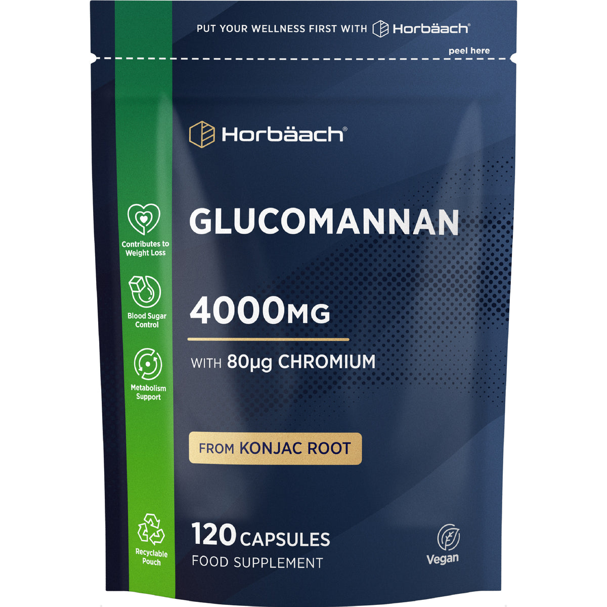 Horbäach Glucomannan 4000mg with 80µg Chromium from Konjac Root, 120 Vegan Capsules. Supports weight loss.
