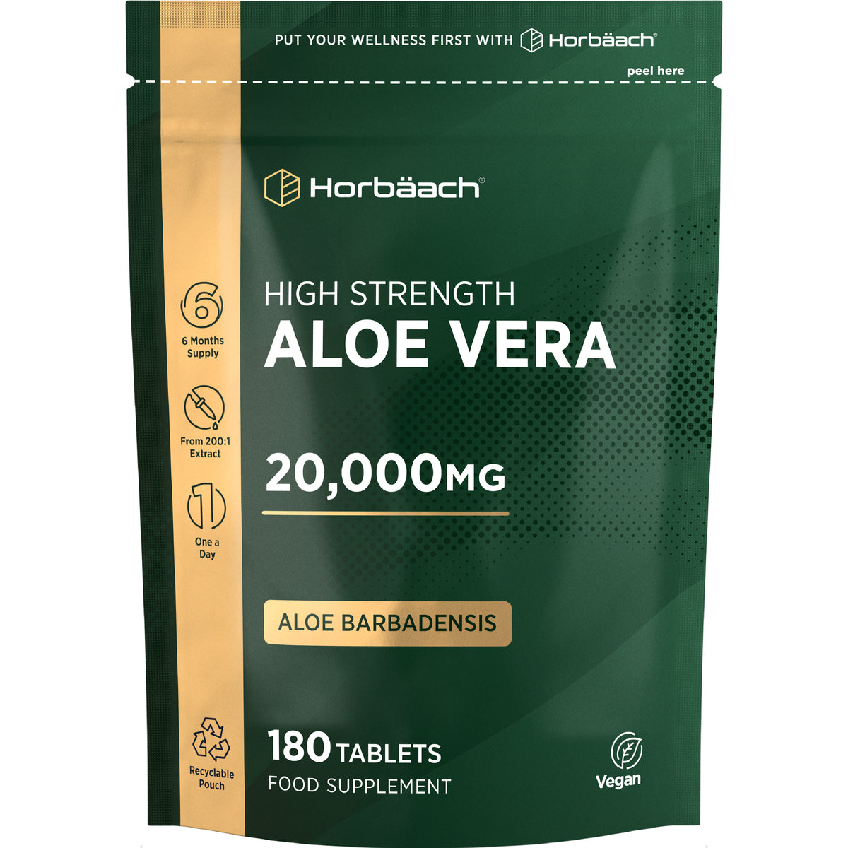 Horbäach High Strength Aloe Vera 20,000MG, 180 Vegan Tablets. 6 Months Supply, From 200:1 Extract, One a Day, Recyclable Pouch.