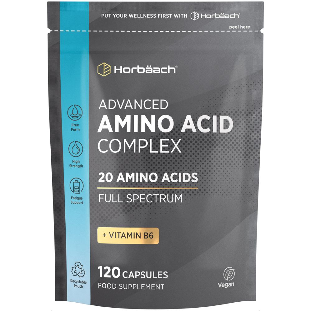 Horbäach Advanced Amino Acid Complex, 120 vegan capsules, shown on a hand for scale. Ideal for those seeking amino acid supplements.