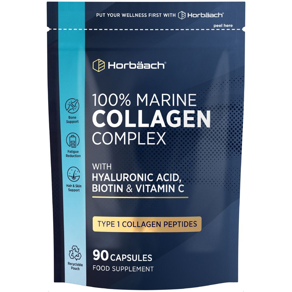 Hand holding a bottle of 100% Marine Collagen Complex, dietary supplement with 90 capsules.