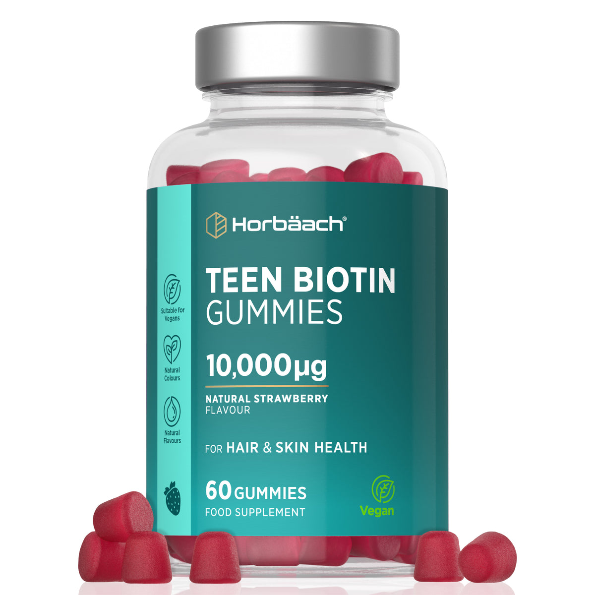 Horbäach Teen Biotin 10,000µg 60 Vegan Gummies in a clear bottle with red strawberry gummies scattered around.