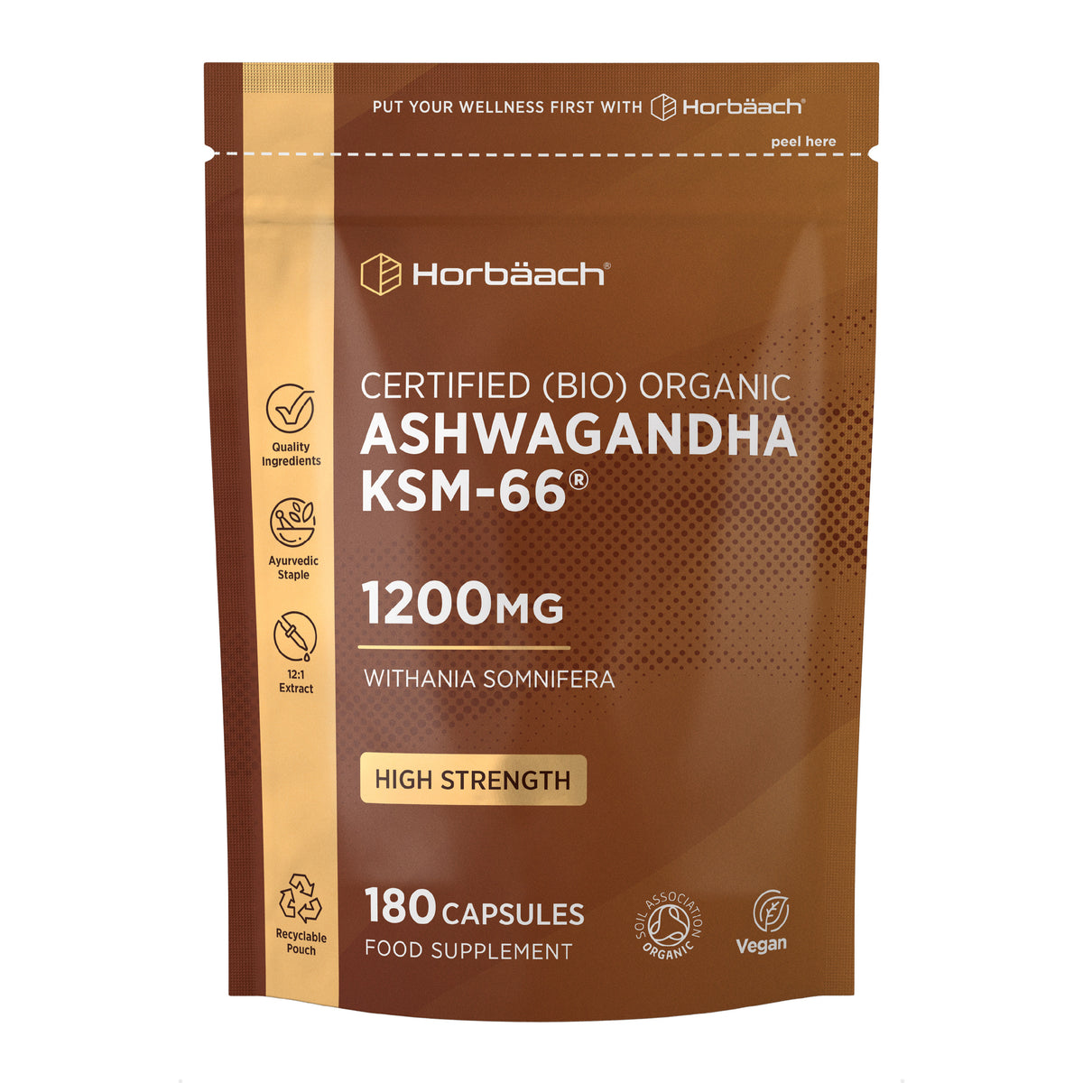 Certified (BIO) Organic Ashwagandha KSM-66 1200mg High Strength with 180 Vegan Capsules as a Food Supplement.