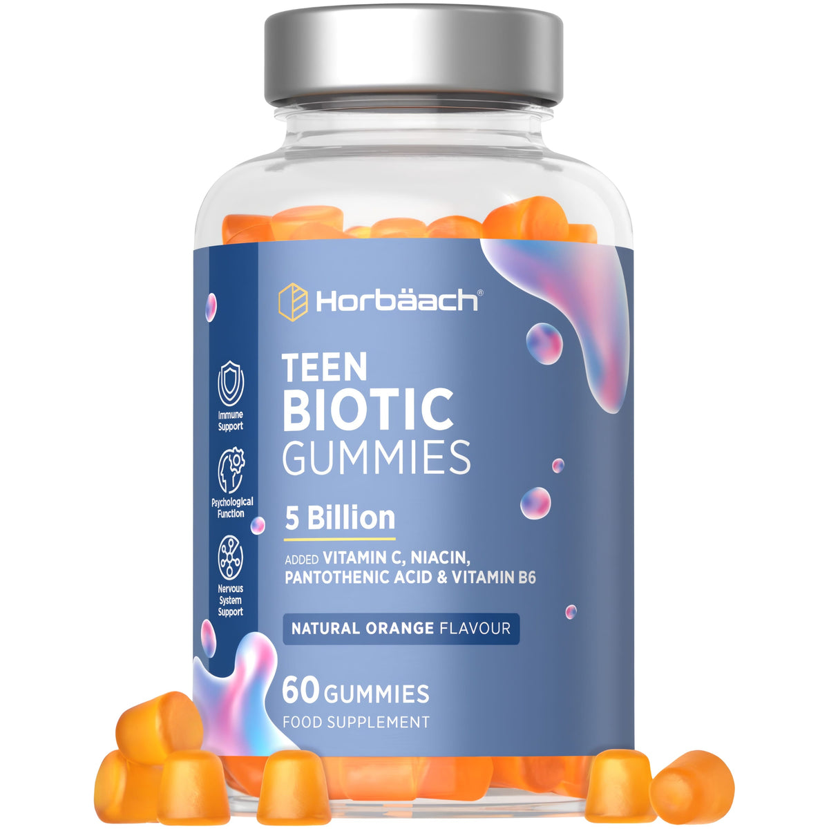 Teen Biotic 5 Billion Gummies, natural orange flavor, 60 count bottle displayed.