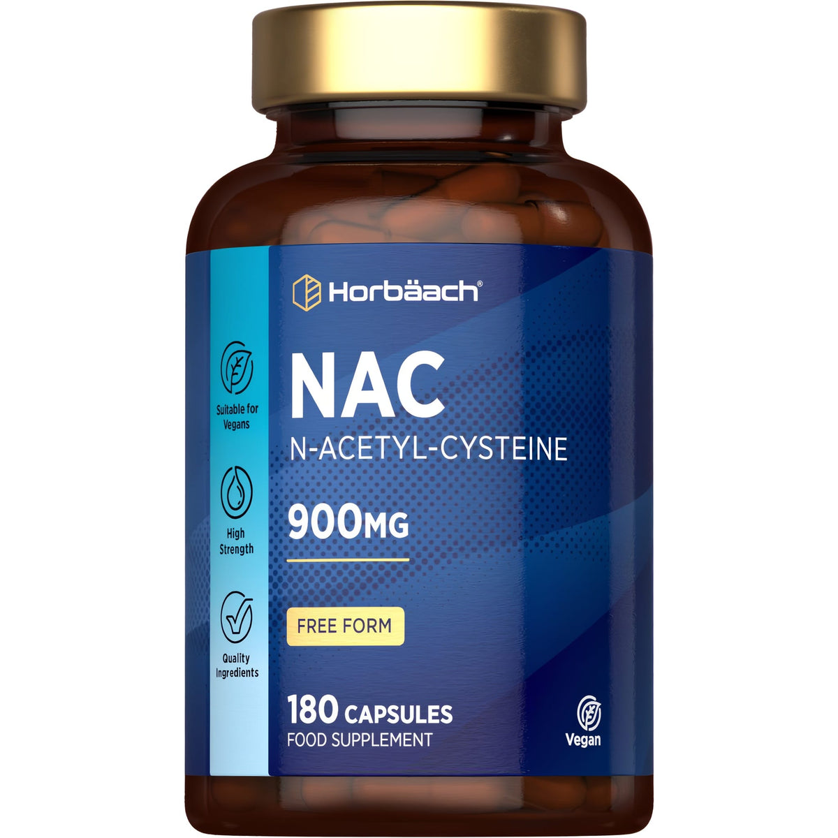 N-Acetyl Cysteine 900mg capsules, 180 count bottle shown on a hand scale for size reference.