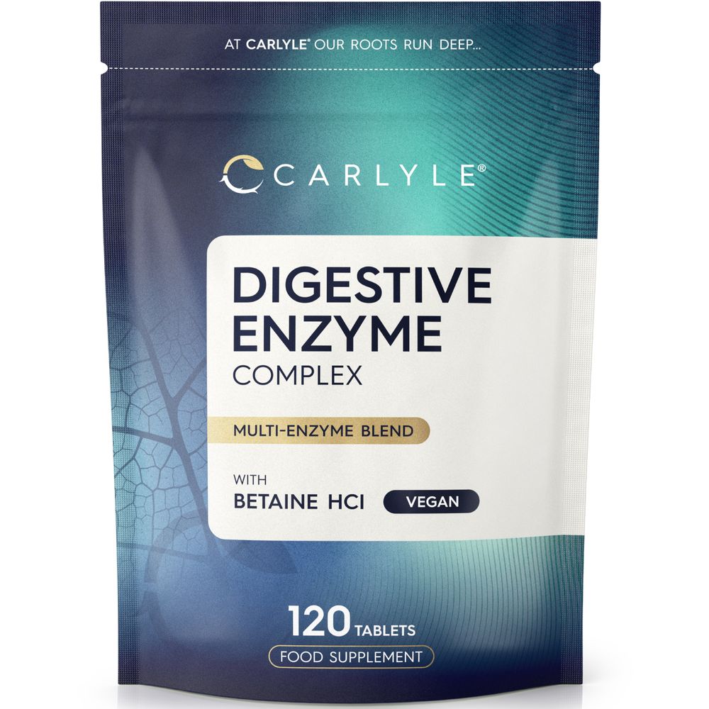 Bottle of Digestive Enzyme Complex containing 120 tablets, shown on a hand scale indicating bulk and quantity.