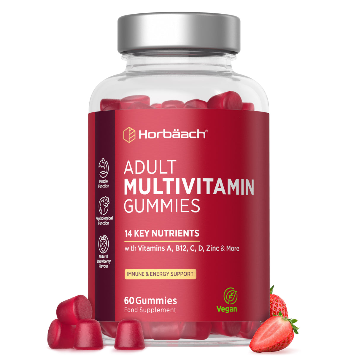 Adult Multivitamin 60 Vegan Gummies, Natural Strawberry Flavour, with 14 Key Nutrients for Immune and Energy Support.