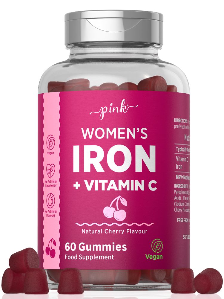 Dark red cherry-flavored Women's Iron + Vitamin C Vegan Gummies, available in a bottle of 60 count.