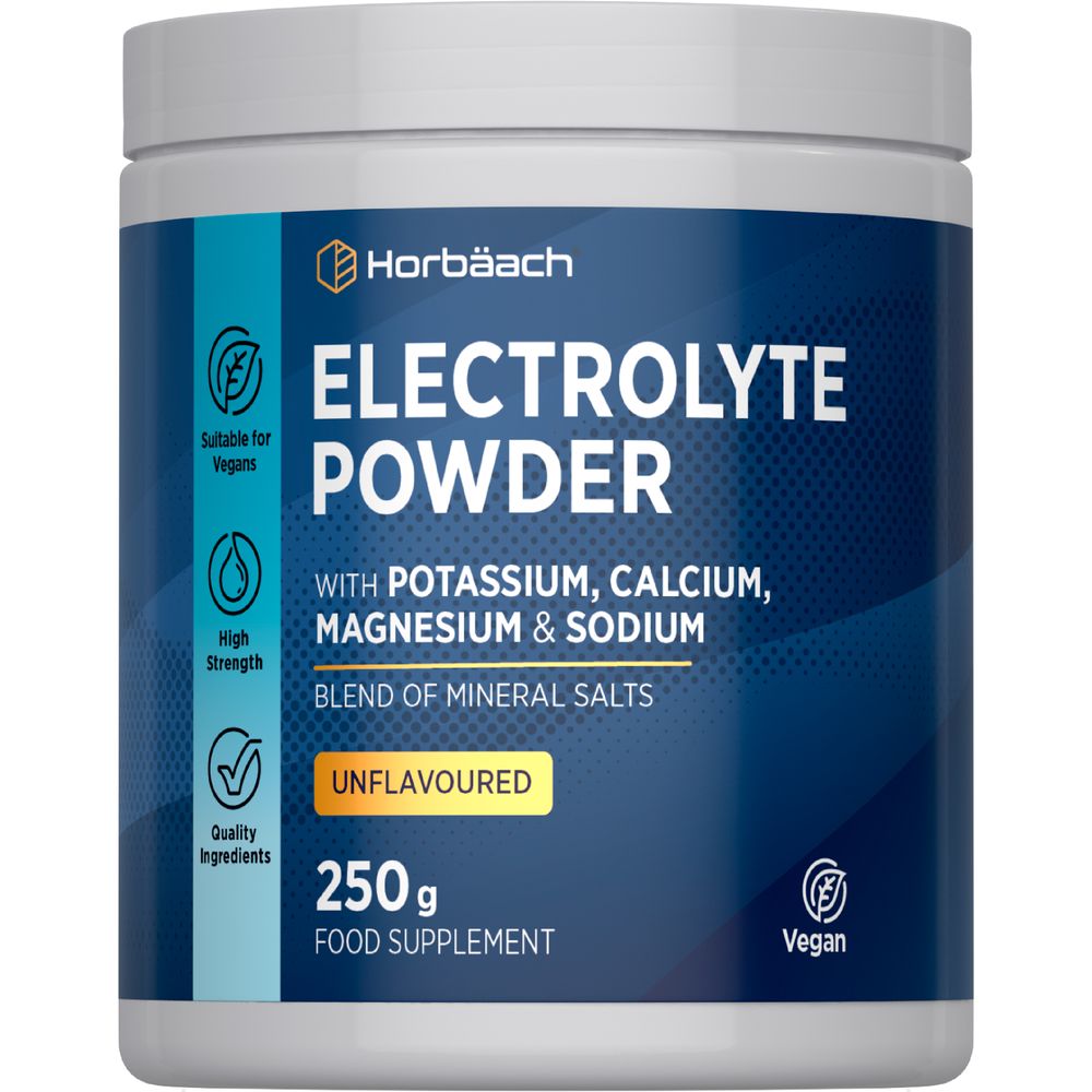 A 250g package of unflavoured electrolyte powder food supplement is shown on a hand scale.