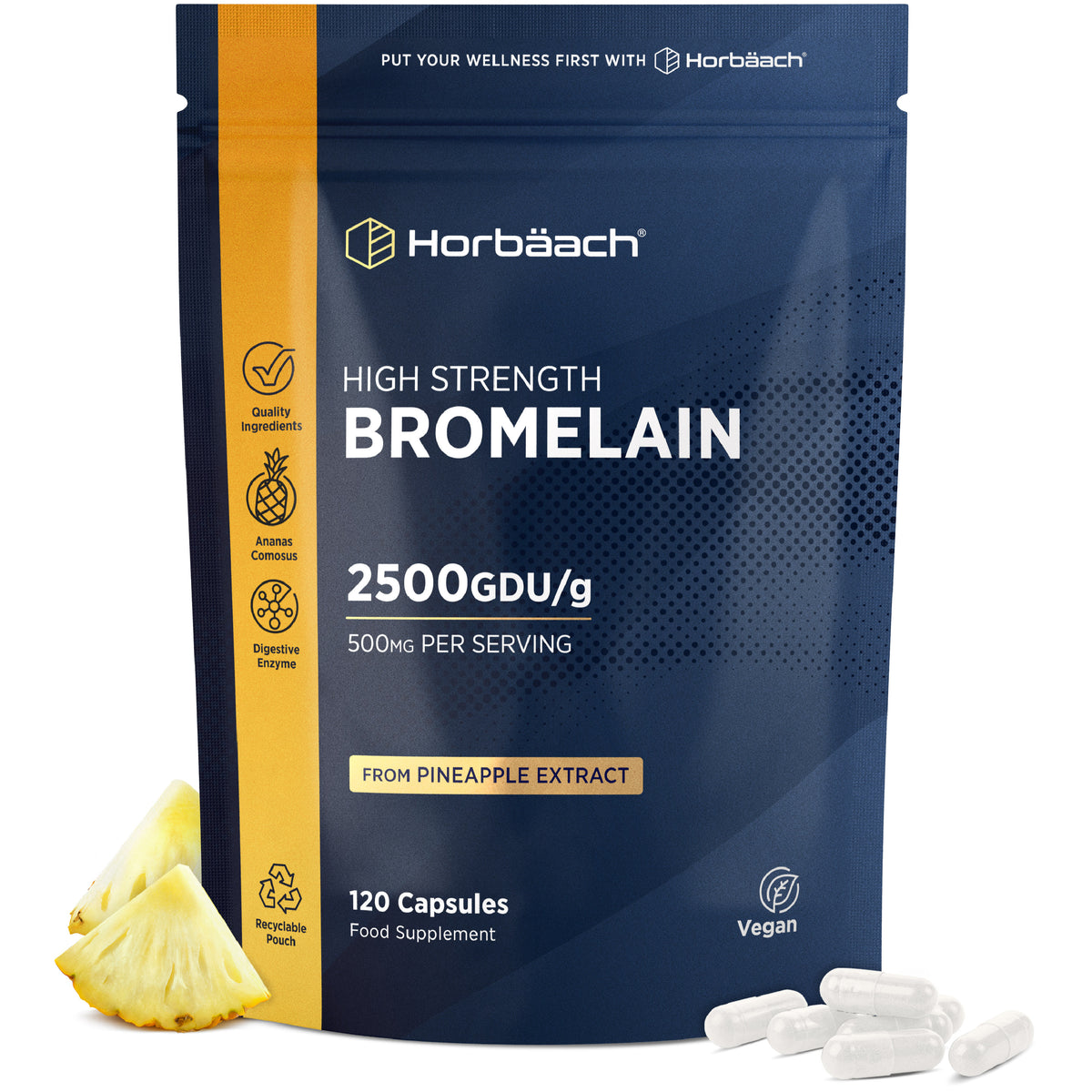 High Strength Bromelain 2500 GDU/g, 500mg per serving, 120 Capsules. Derived from pineapple extract, vegan food supplement.