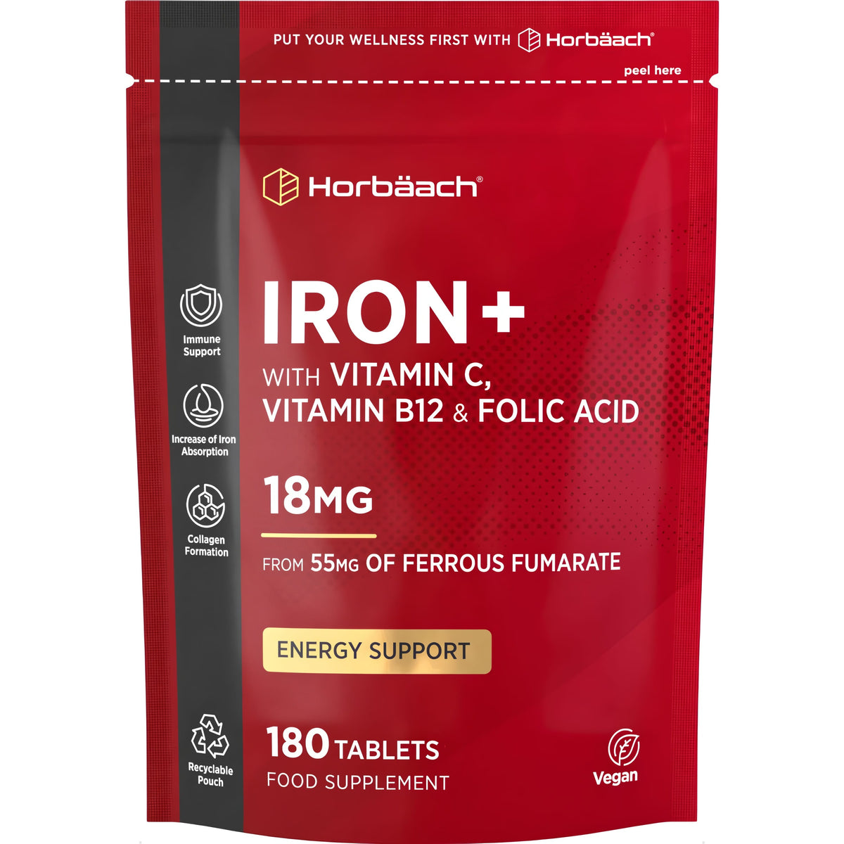 IRON+ with Vitamin C, B12, and Folic Acid; 18mg iron from 55mg Ferrous Fumarate, 180 tablets supplement bottle.