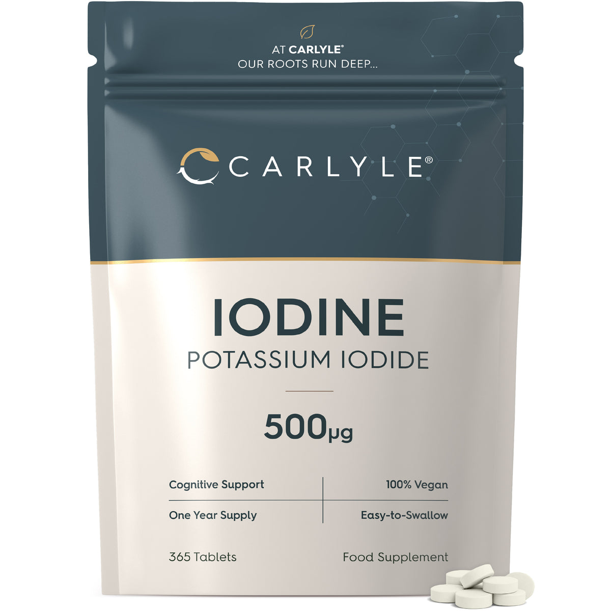 Iodine Potassium Iodide 500µg in a stand-up pouch with 365 vegan tablets at the base.