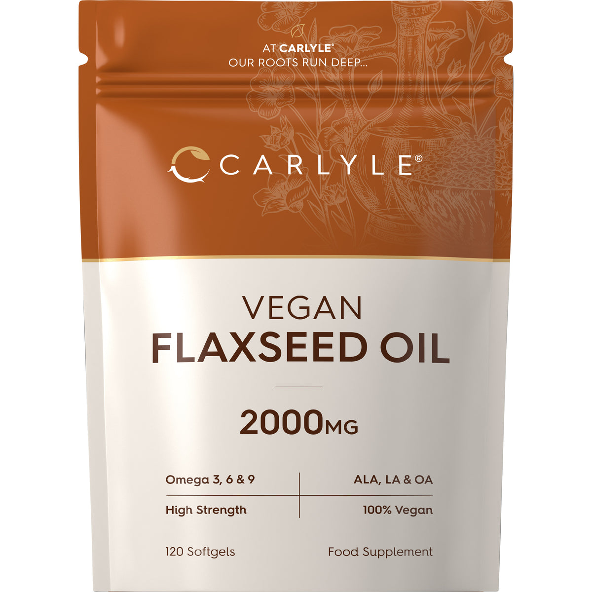 Carlyle Vegan Flaxseed Oil 2000mg, high-strength Omega 3, 6, 9, ALA, LA, OA, 100% vegan, 120 softgels.