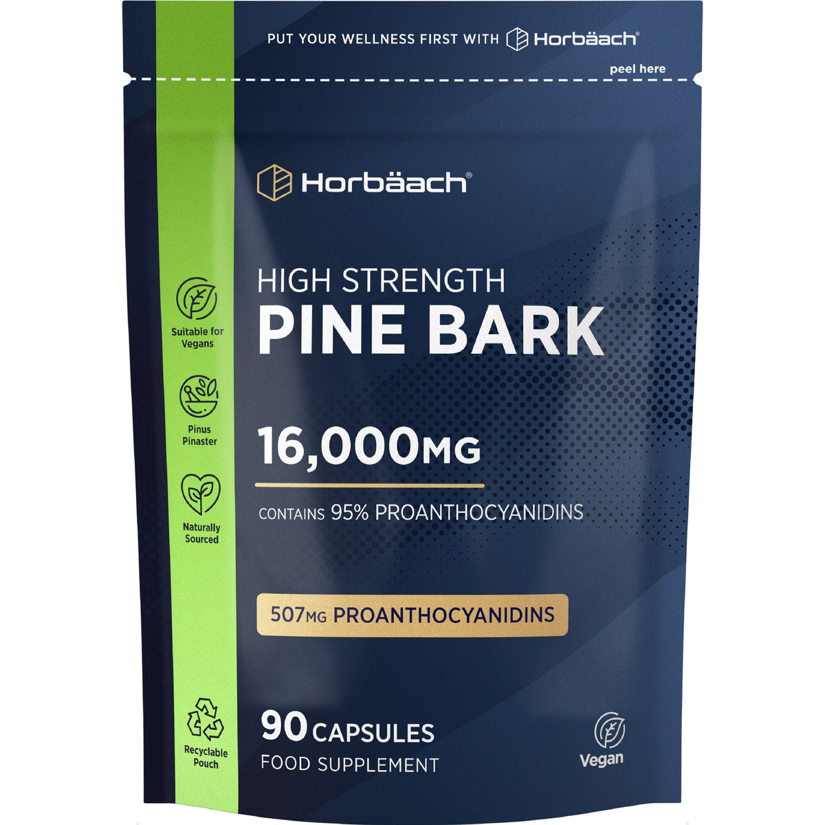 Horbäach Pine Bark 16,000MG, with 95% Proanthocyanidins, 507MG Proanthocyanidins, 90 Capsules, Food Supplement.