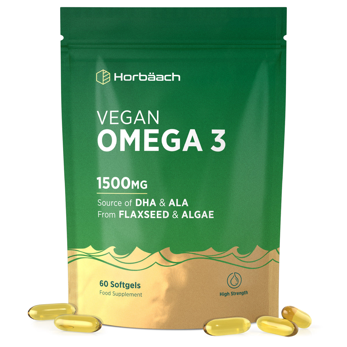 Horbäach Vegan Omega 3, 1500mg, source of DHA & ALA from flaxseed & algae, 60 softgels. Several softgels scattered nearby.