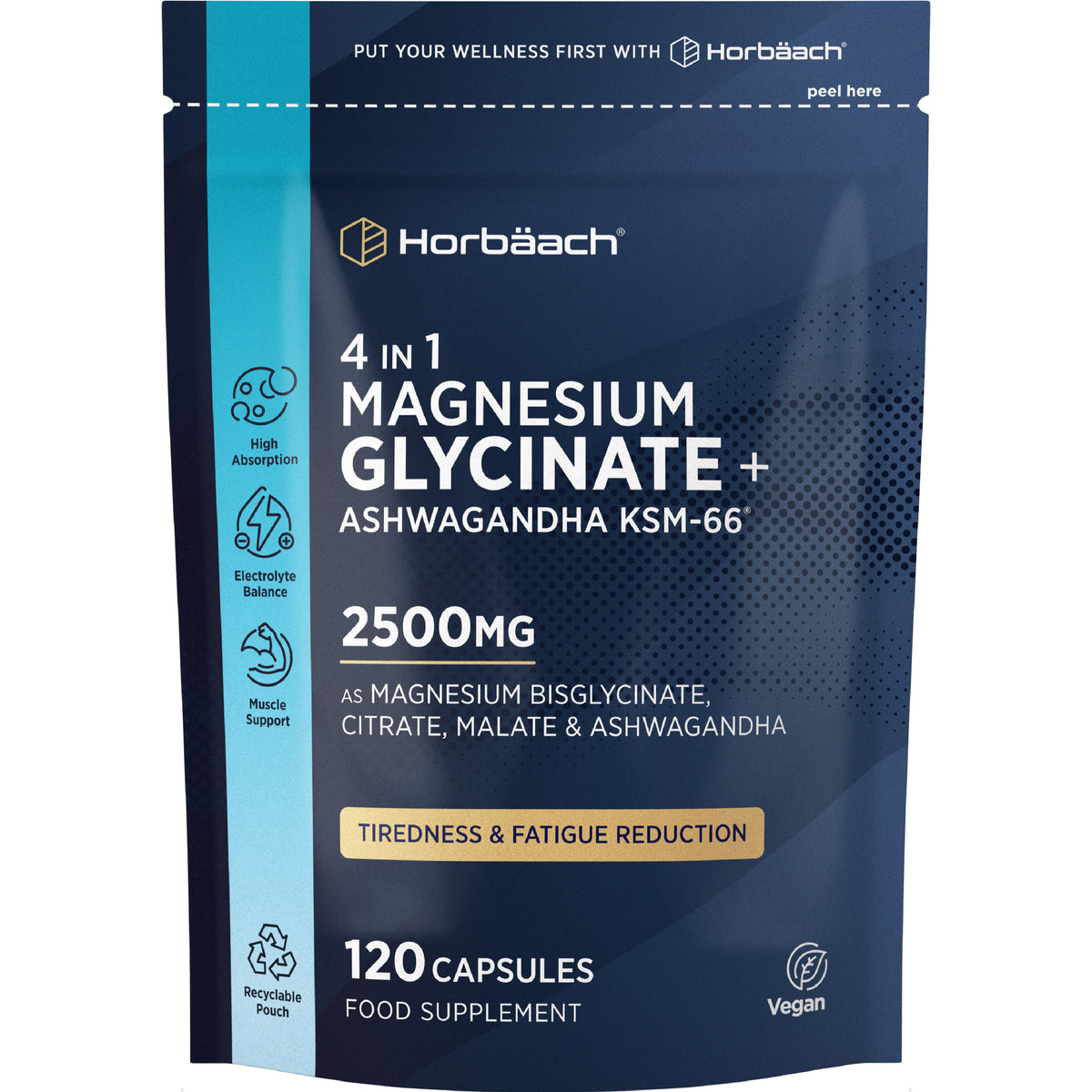 4 IN 1 Magnesium Glycinate + Ashwagandha KSM-66 2500MG, 120 capsules food supplement in a pouch.