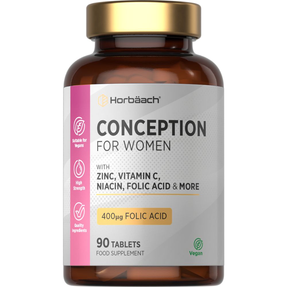 Bottle of Conception for Women Formula, containing 90 vegan tablets with 400µg of folic acid, shown in a bulk scale image.