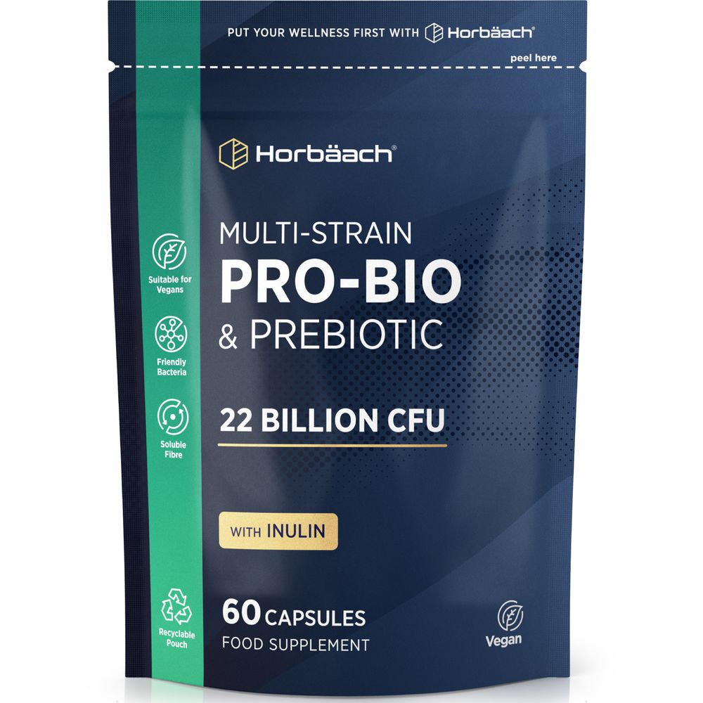 Hand holding a bottle of Multi-Strain Pro-Bio & Prebiotic food supplement, 60 capsules with 22 Billion CFU.