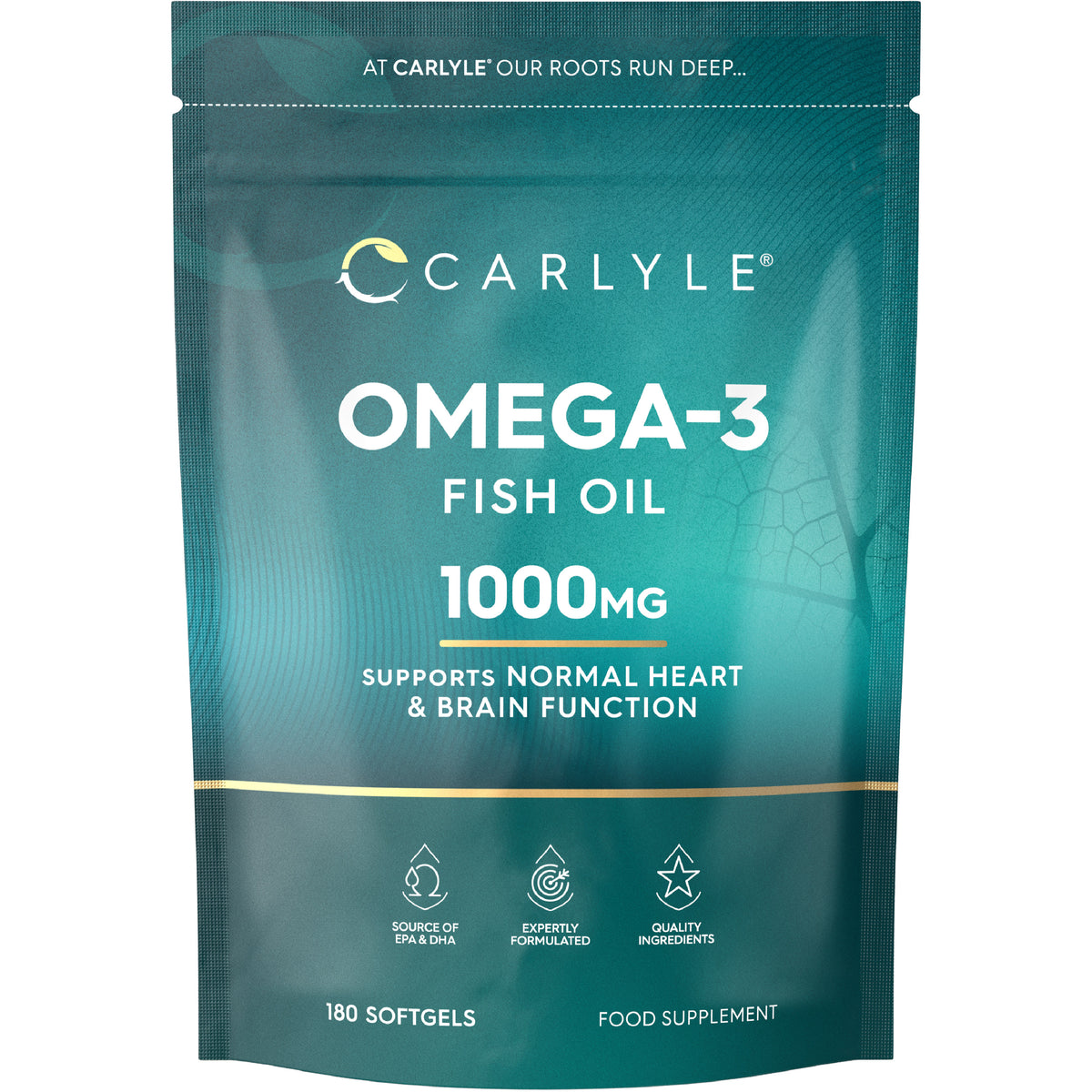 Omega-3 Fish Oil 1000mg, 180 softgels pouch. Supports normal heart and brain function.