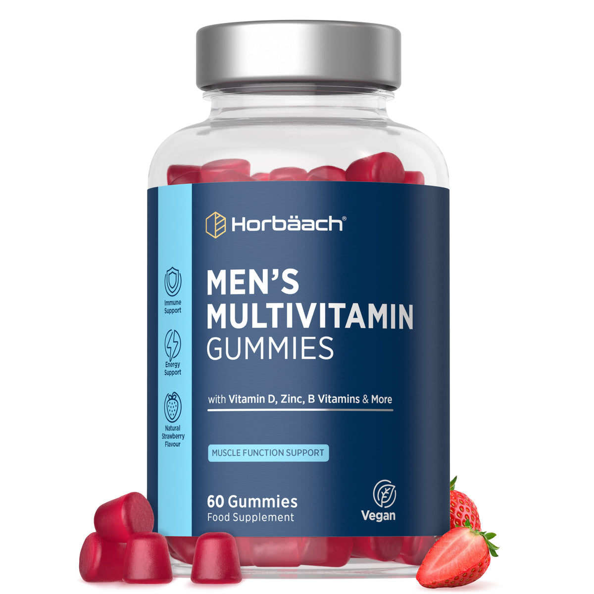 Horbäach Men's Multivitamin Gummies, 60 vegan gummies, contain Vitamin D, Zinc, B Vitamins, and more, in natural strawberry flavor.
