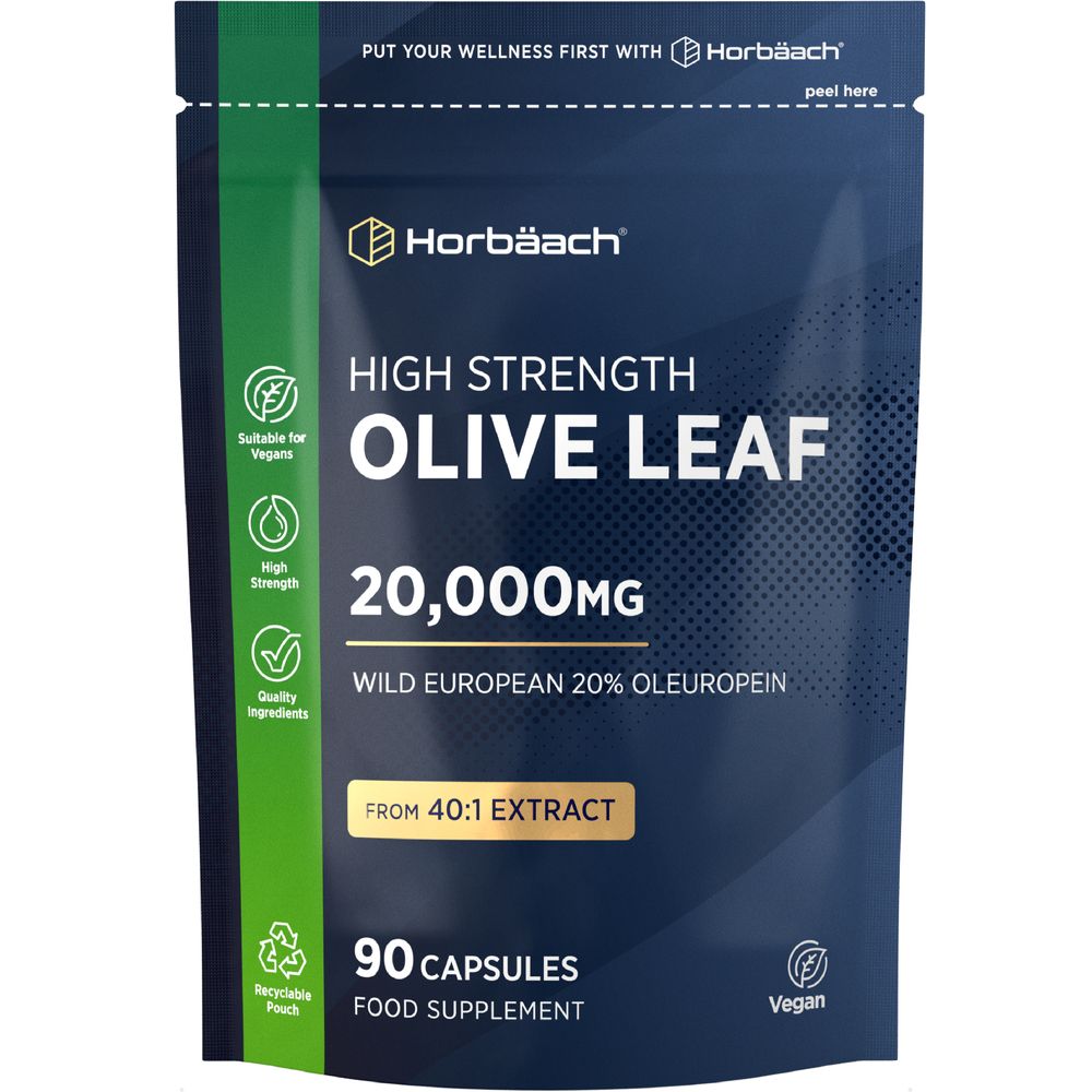 Horbäach High Strength Olive Leaf 20,000MG supplement pouch with 90 Vegan Capsules in hand for scale.