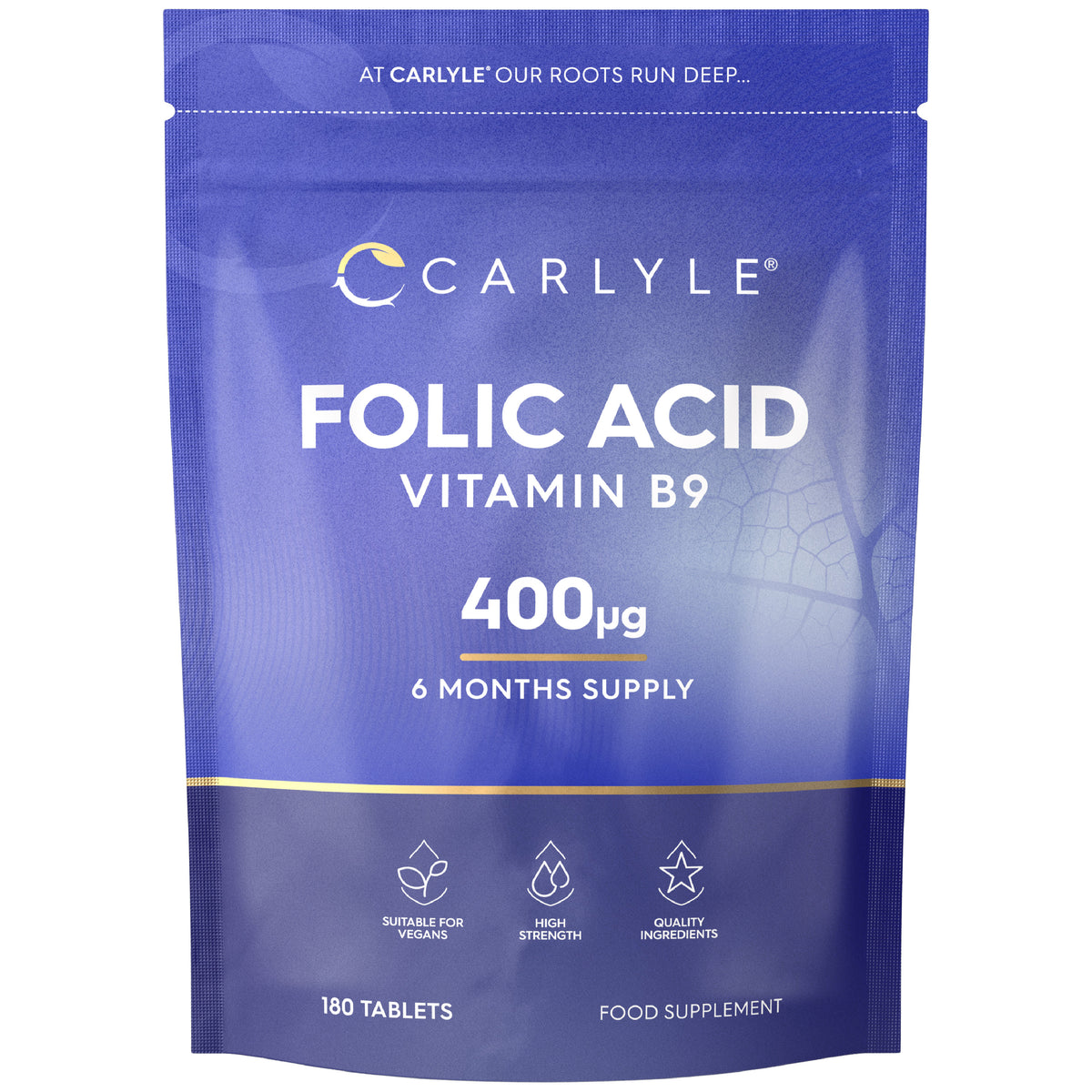 Carlyle Folic Acid Vitamin B9 supplement, 400µg per tablet, 180 tablets, 6 months supply.