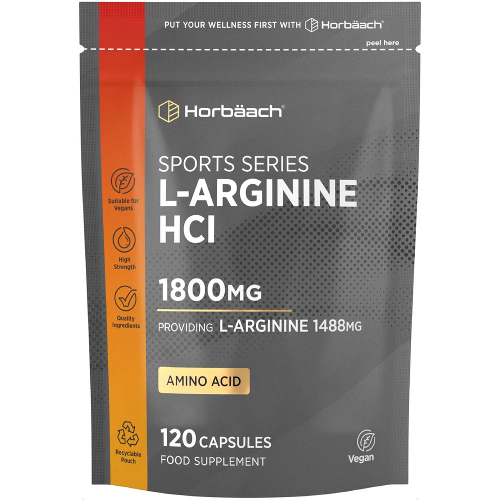 1800mg L-Arginine HCl capsules providing 1488mg L-Arginine, 120 capsules shown on a scale.