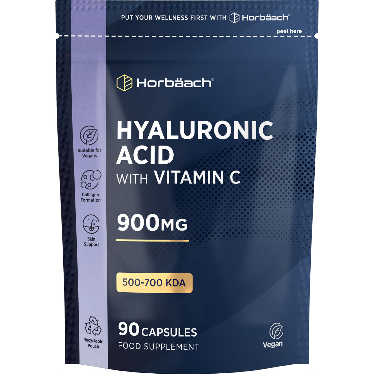 Hyaluronic Acid with Vitamin C 900mg 500-700 KDA, 90 Vegan Capsules Food Supplement.