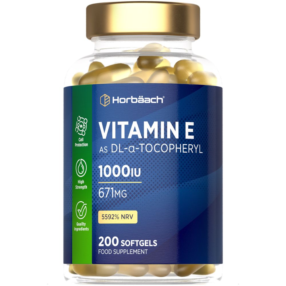 Hand holding a bottle containing 200 softgels of Vitamin E, 1000IU (671MG).