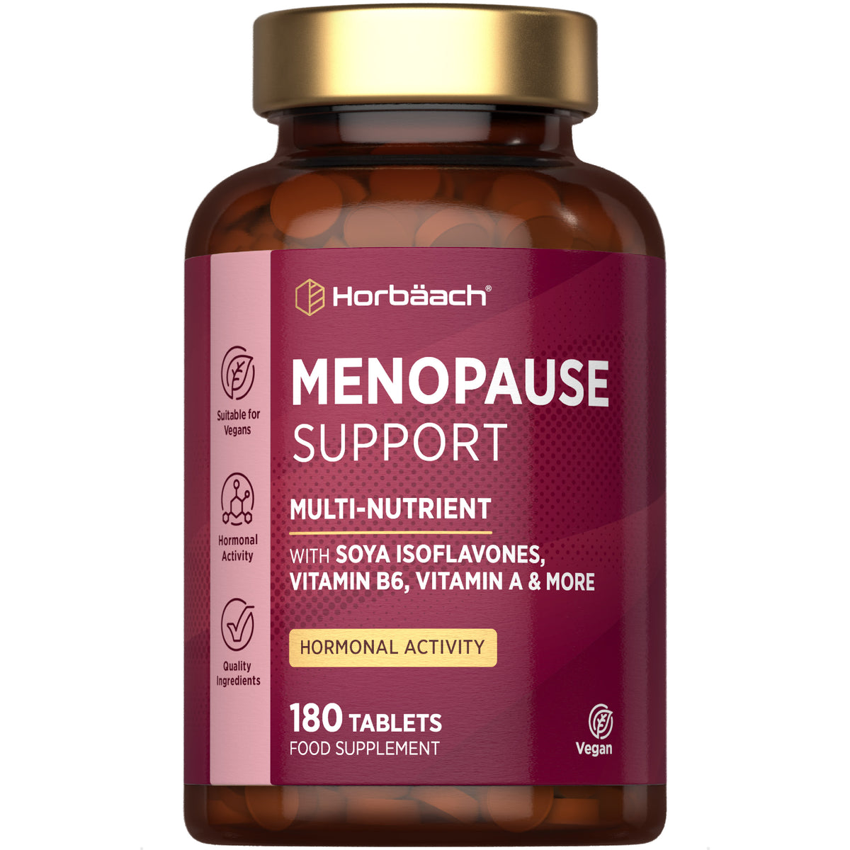 Horbäach Menopause Support Multi-Nutrient with Soya Isoflavones, Vitamin B6, Vitamin A, and more, 180 Vegan Tablets.