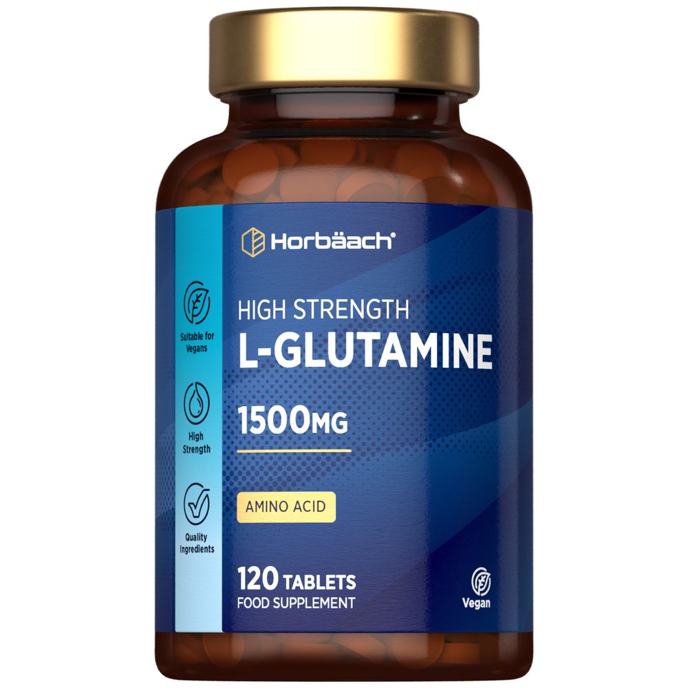 Horbäach L-Glutamine 1500mg, 120 vegan tablets displayed on a hand scale to show size and quantity for consumer awareness.