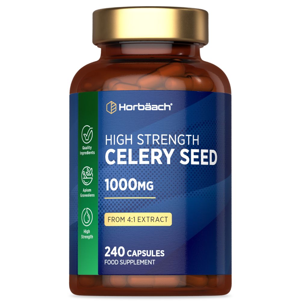 A hand holding a bulk scale showing 240 capsules of 1000mg celery seed.