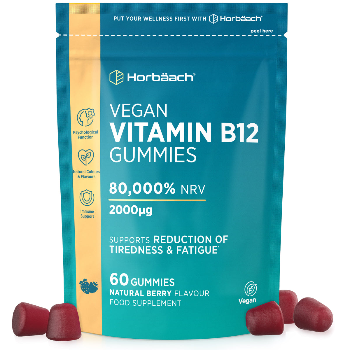 Vitamin B12 2000ug 60 Vegan Gummies in a teal and orange pouch with red berry flavored gummies.