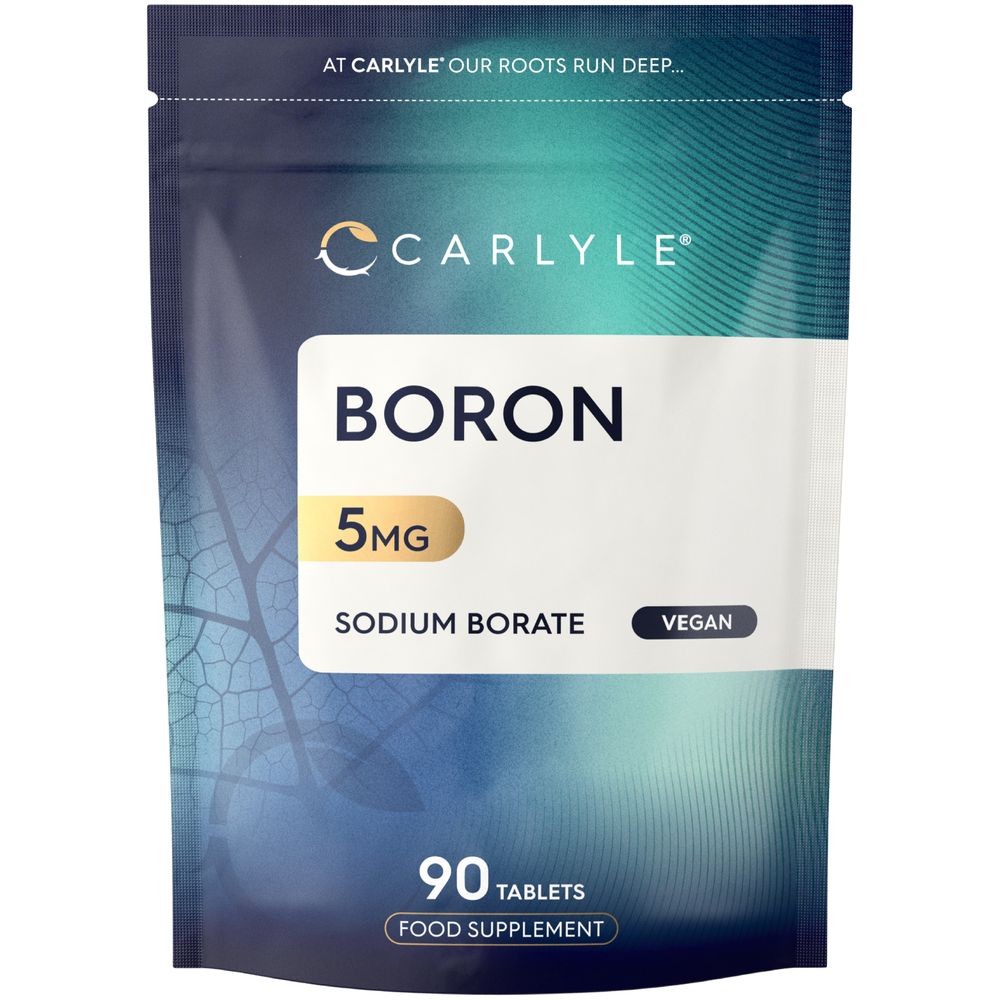 Carlyle Boron 5mg Sodium Borate vegan food supplement displayed with 90 tablets shown in hand for scale.