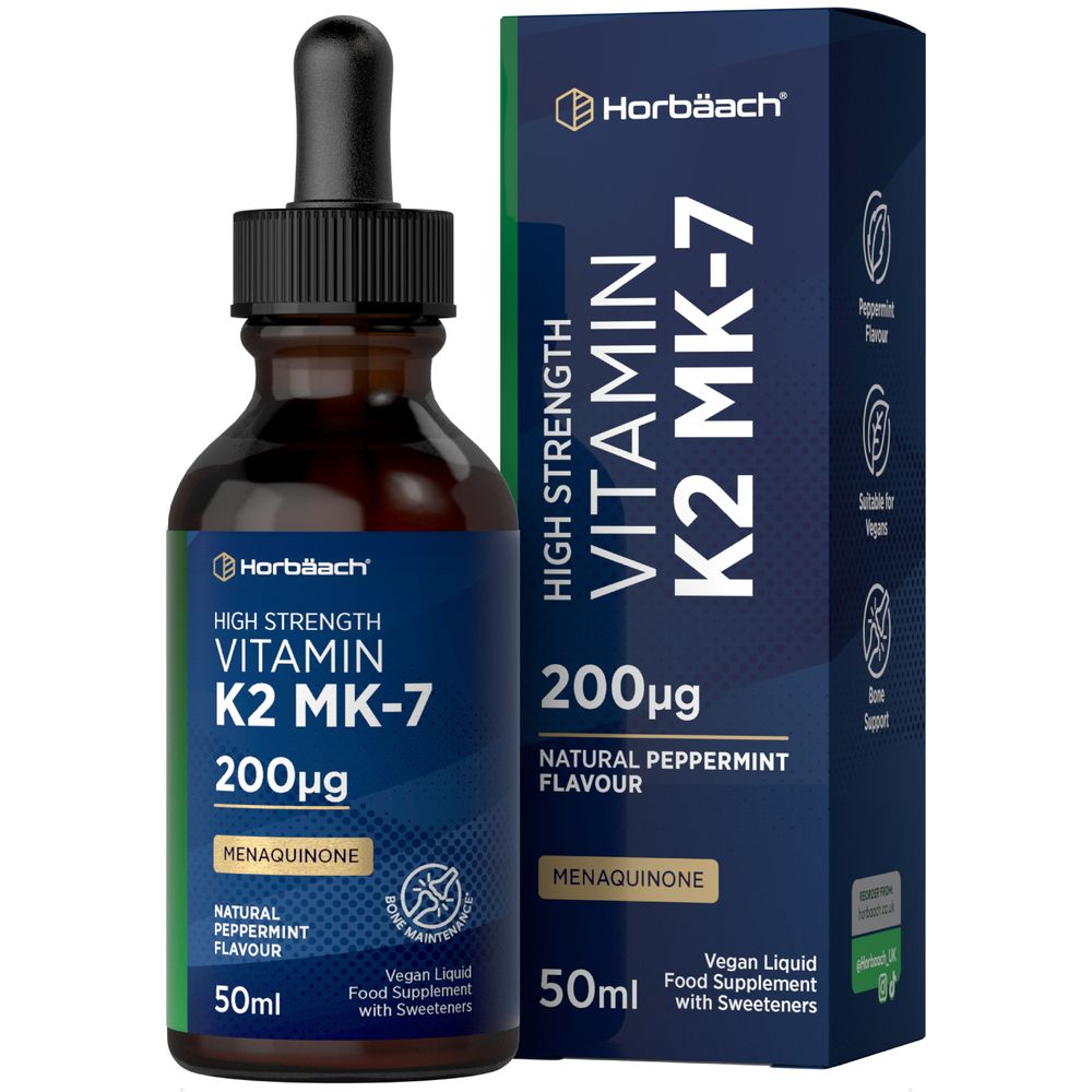 Vegan Liquid Food Supplement, Vitamin K2 MK-7 200µg, Natural Peppermint Flavor, 50ml dropper bottle and box.