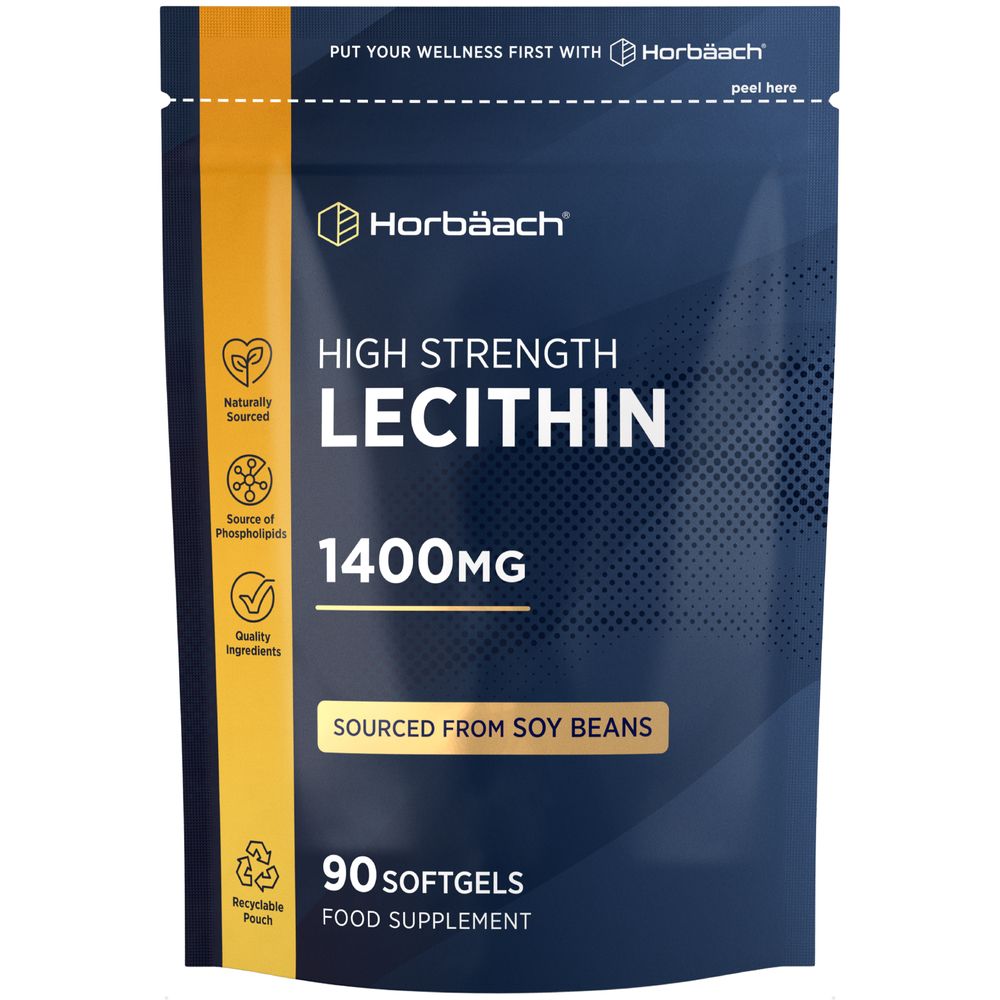 Horbäach High Strength Lecithin 1400mg, 90 softgels pouch, made from soy beans.