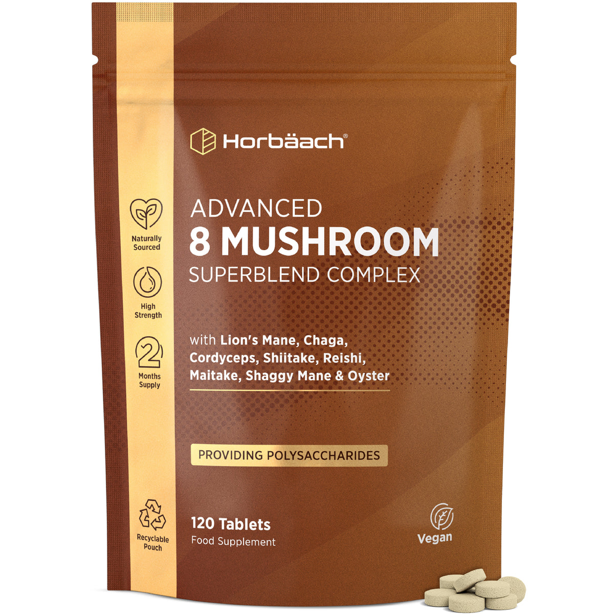 Advanced 8 Mushroom Superblend Complex with Lion's Mane, Chaga, Cordyceps, Shiitake, Reishi, and Maitake, in 120 vegan tablets.