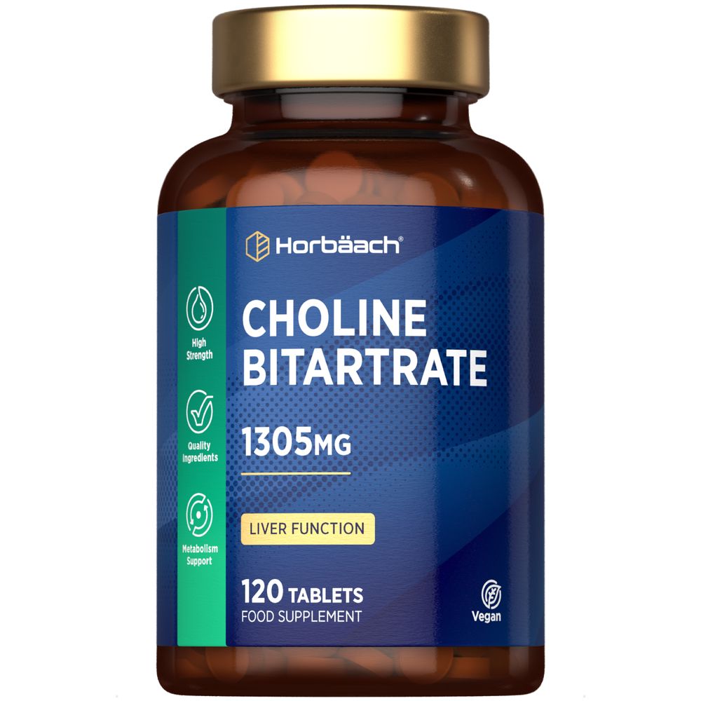 A bottle of 1305mg Choline Bitartrate with 120 vegan tablets is displayed on a scale, showcasing its bulk presentation.