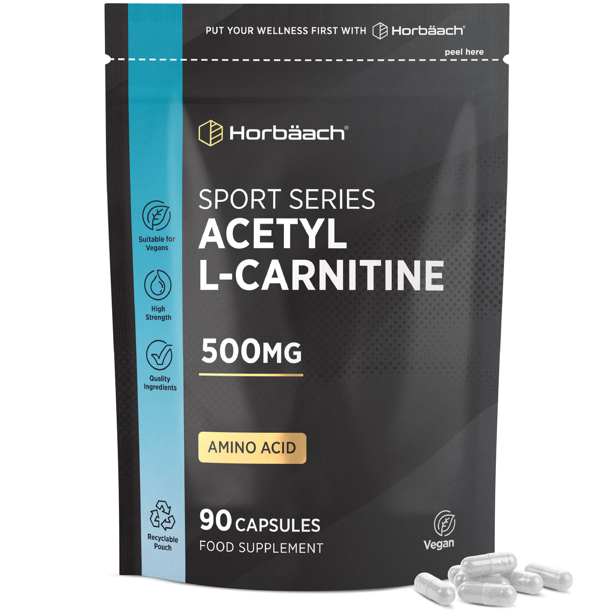 Sport Series Acetyl L-Carnitine 500mg, 90 Vegan Capsules in a recyclable pouch, with some capsules spilled out.