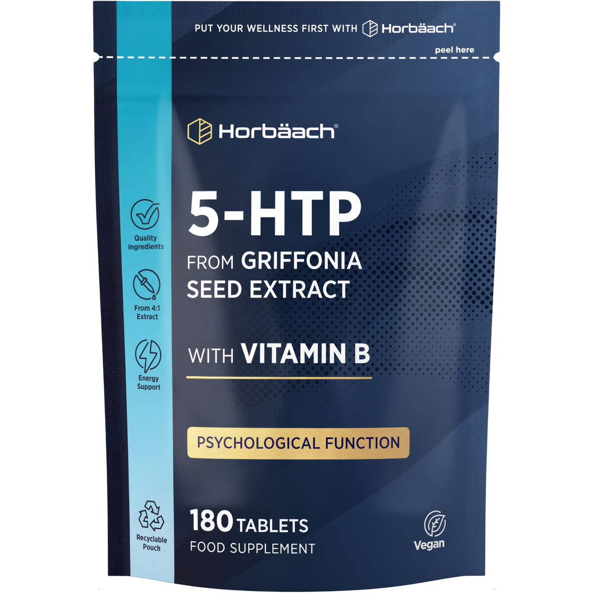Horbäach 5-HTP from Griffonia seed extract with vitamin B, 180 tablets, vegan food supplement.