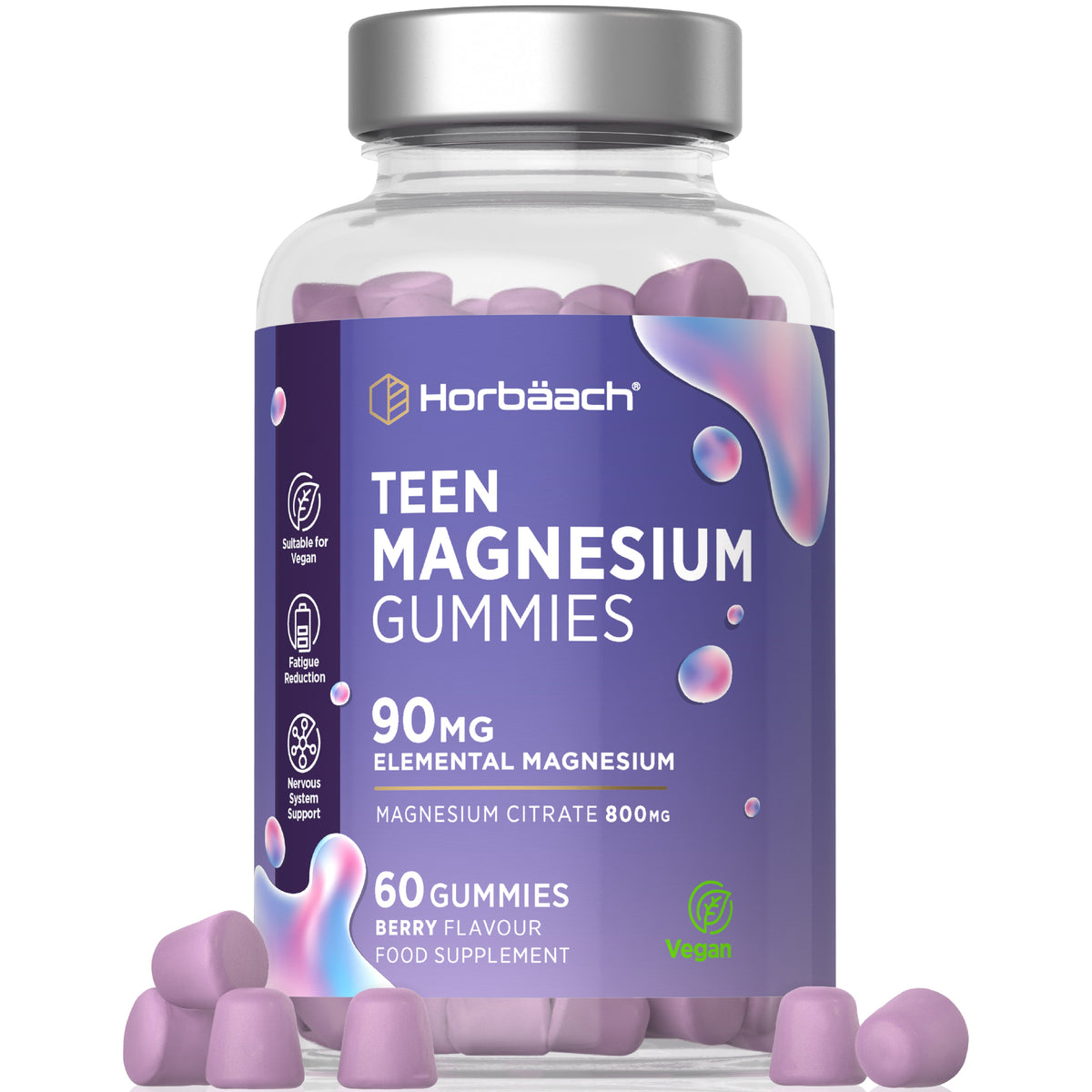 HU Magnesium for Teens: 60 vegan gummies with 90 MG elemental magnesium, 800 MG magnesium citrate, berry flavor.