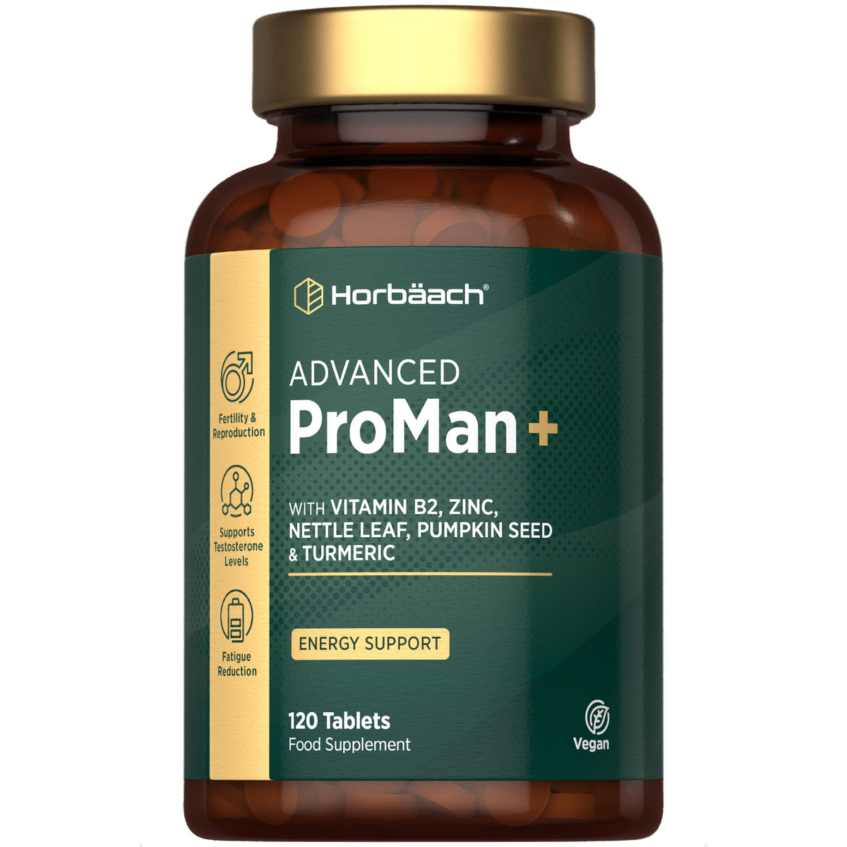 ADVANCED ProMan+ Food Supplement with Vitamin B2, Zinc, Nettle Leaf, Pumpkin Seed & Turmeric in 120 Vegan Tablets.