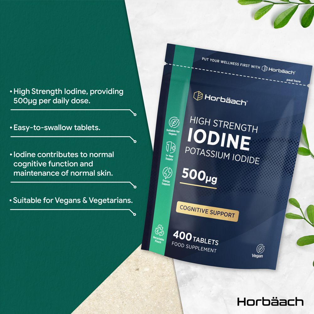 Bottle of Iodine Potassium Iodide, 500µg, containing 400 tablets displayed on a hand scale for measurement reference.