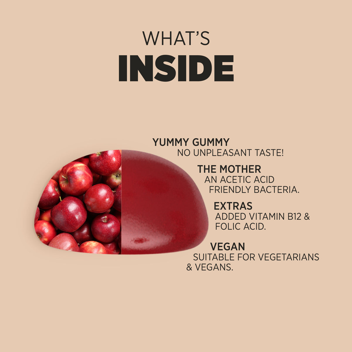 Product highlights graphic stating Yummy Gummy, no unpleasant taste, The Mother, acetic acid friendly bacteria, Extras, B12 & Folic Acid, Vegan for vegetarians/vegans.