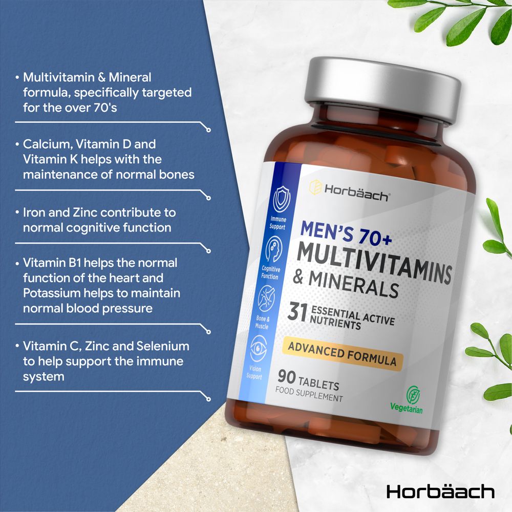 A hand holding Horbäach Men's 70+ Multivitamins and Minerals, 90 Tablets bottle, illustrating size and bulk scale.