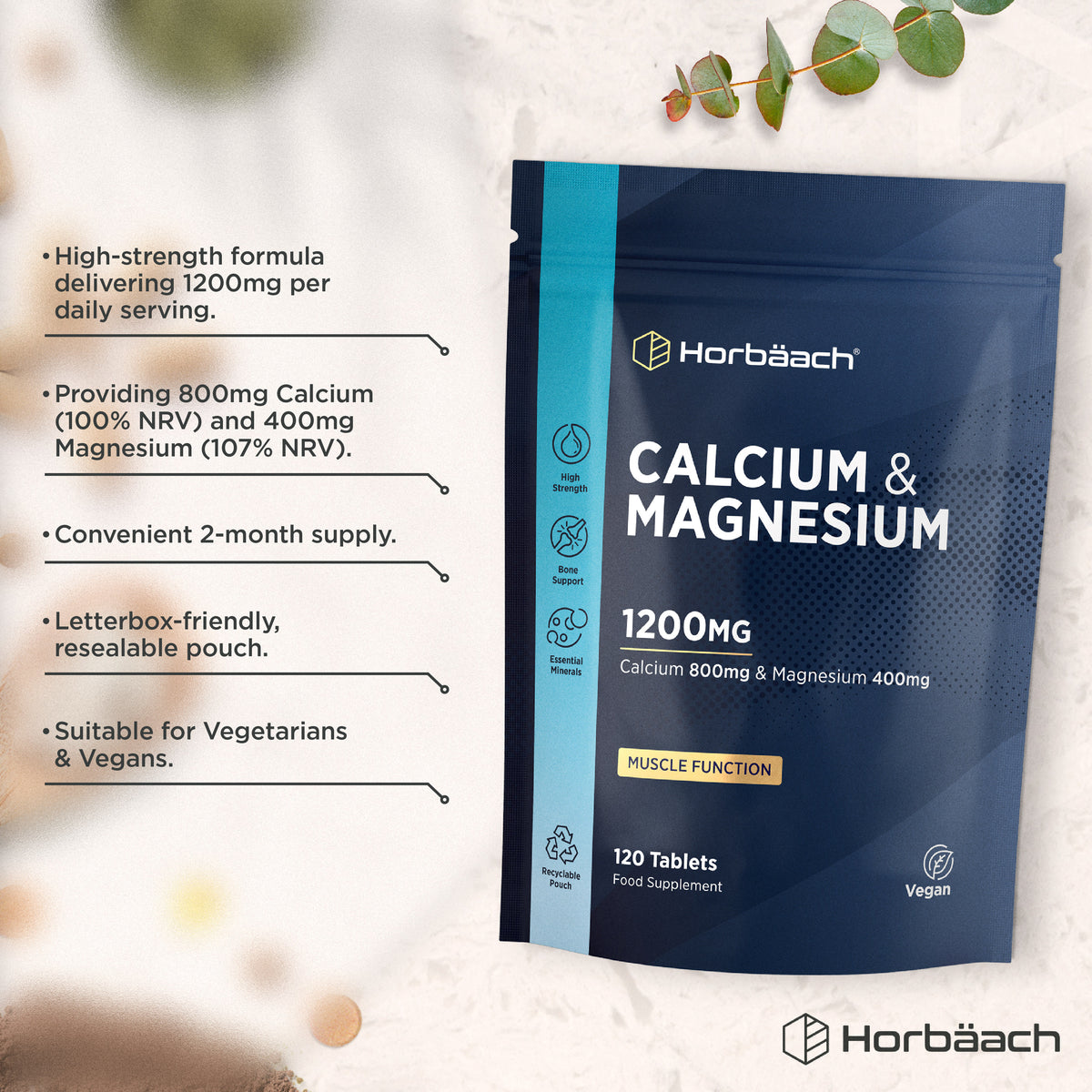 Product highlights graphic stating 1200mg daily, 800mg Calcium (100% NRV), 400mg Magnesium (107% NRV), 2-month supply, Vegan.