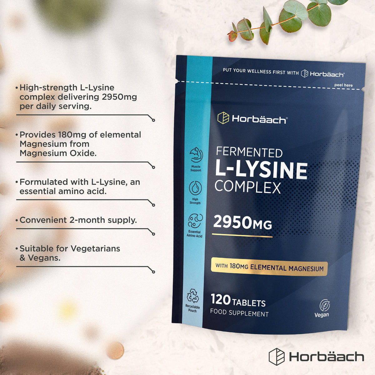 Horbäach Fermented L-Lysine Complex 2950mg, 120 Vegan Tablets Food Supplement, with 180mg Elemental Magnesium.