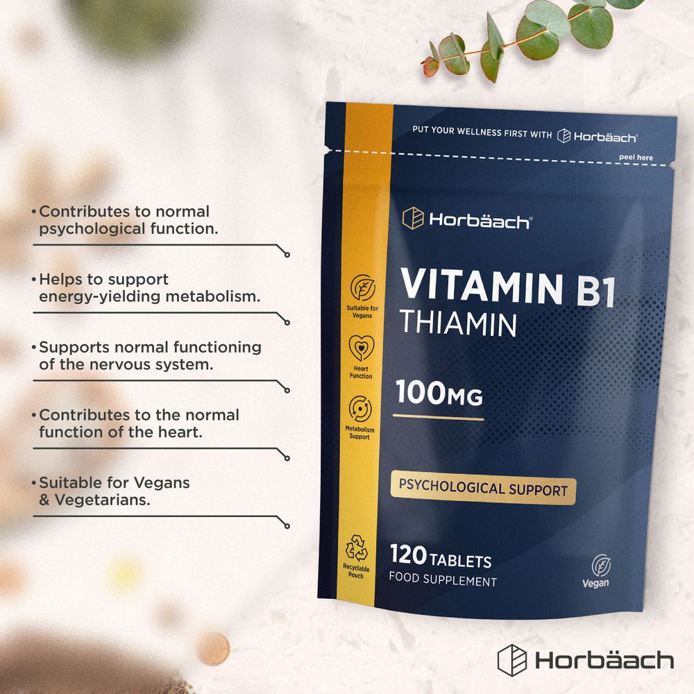 Horbäach Vitamin B1 Thiamin supplement contains 100mg of thiamin per tablet, available in a bottle of 120 vegan tablets.