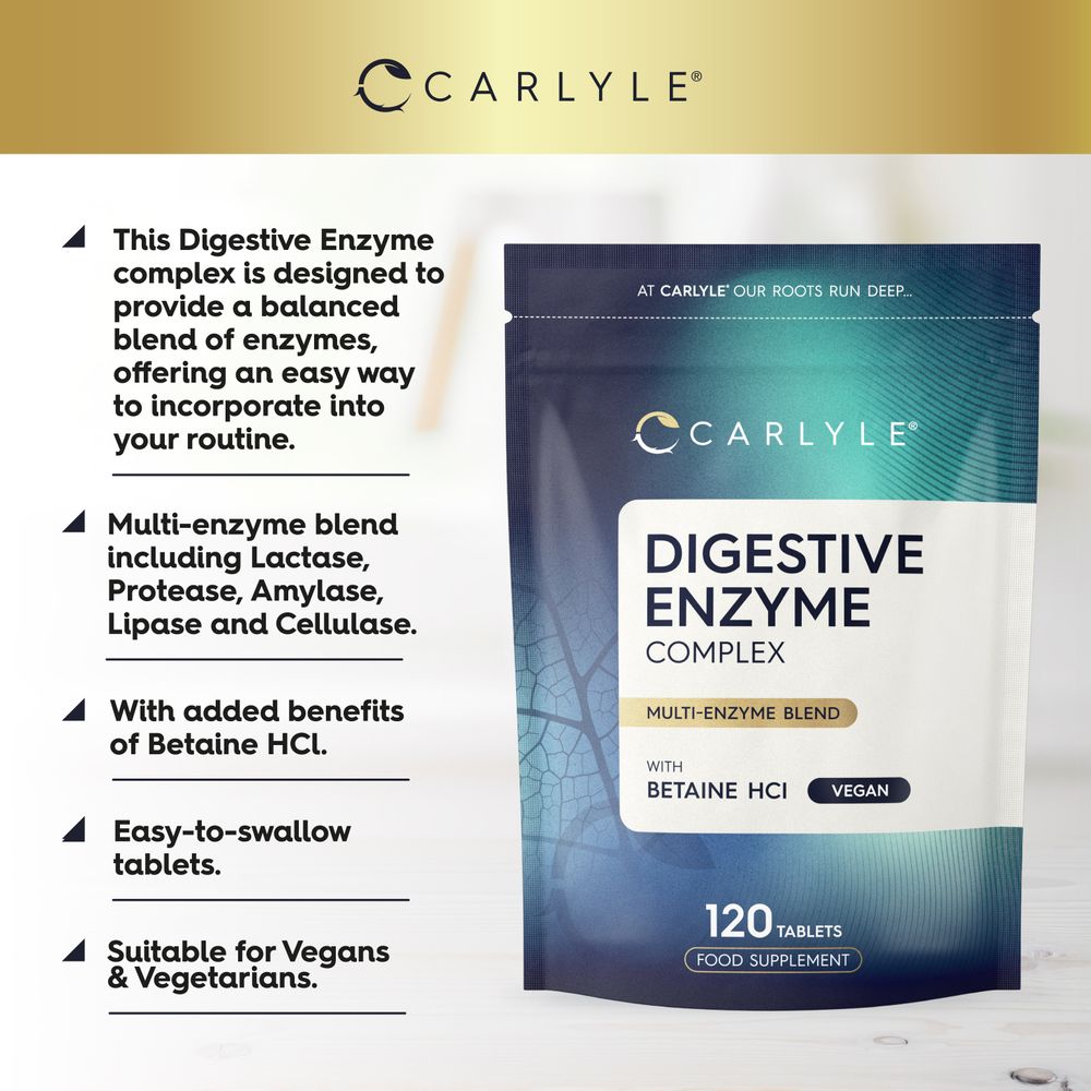 A hand holding Carlyle Digestive Enzyme Complex, showing a bottle of 120 vegan tablets.
