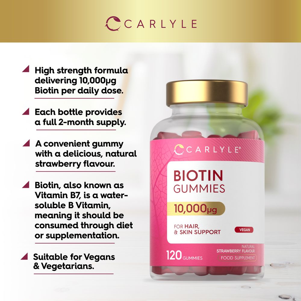 Bottle of Biotin 10,000µg Vegan Gummies with 120 strawberry flavor gummies, natural and plant-based.